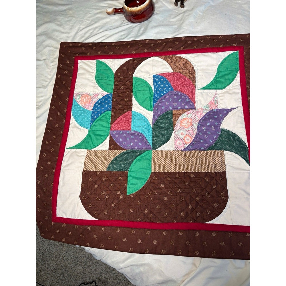 Handmade Quilted Wall Hanging Floral Basket Applique 29"x29" Square Brown/Red